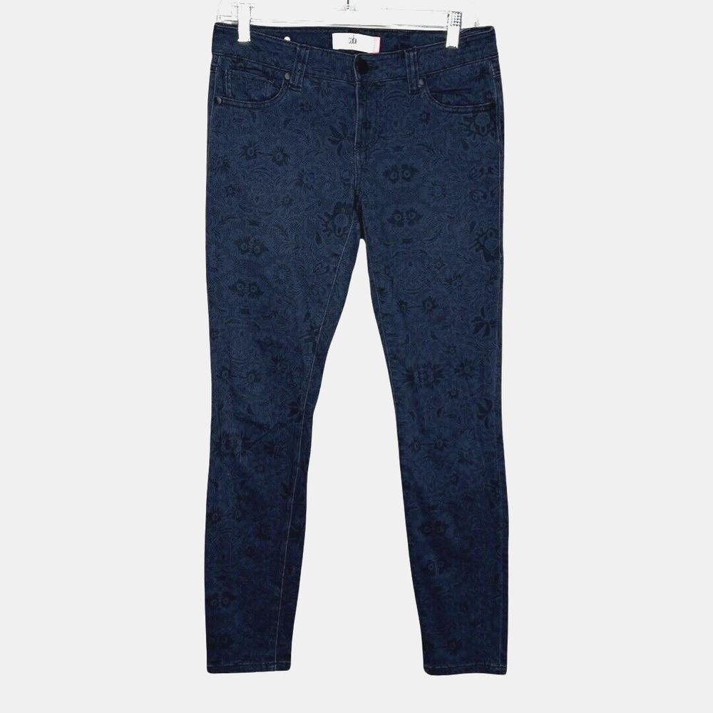 CAbi Jeans Women 4 Blue Lace Print Floral Skinny Jeans Dark Wash Updated Casual